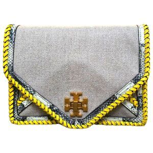 Tory Burch Kira Braided Canvas Crossbody Bag Purse Clutch Yellow Leather Trim